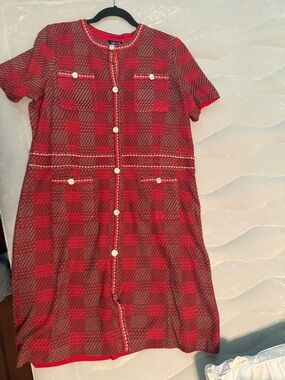 Misook Red Plaid Tweed Midi Dress